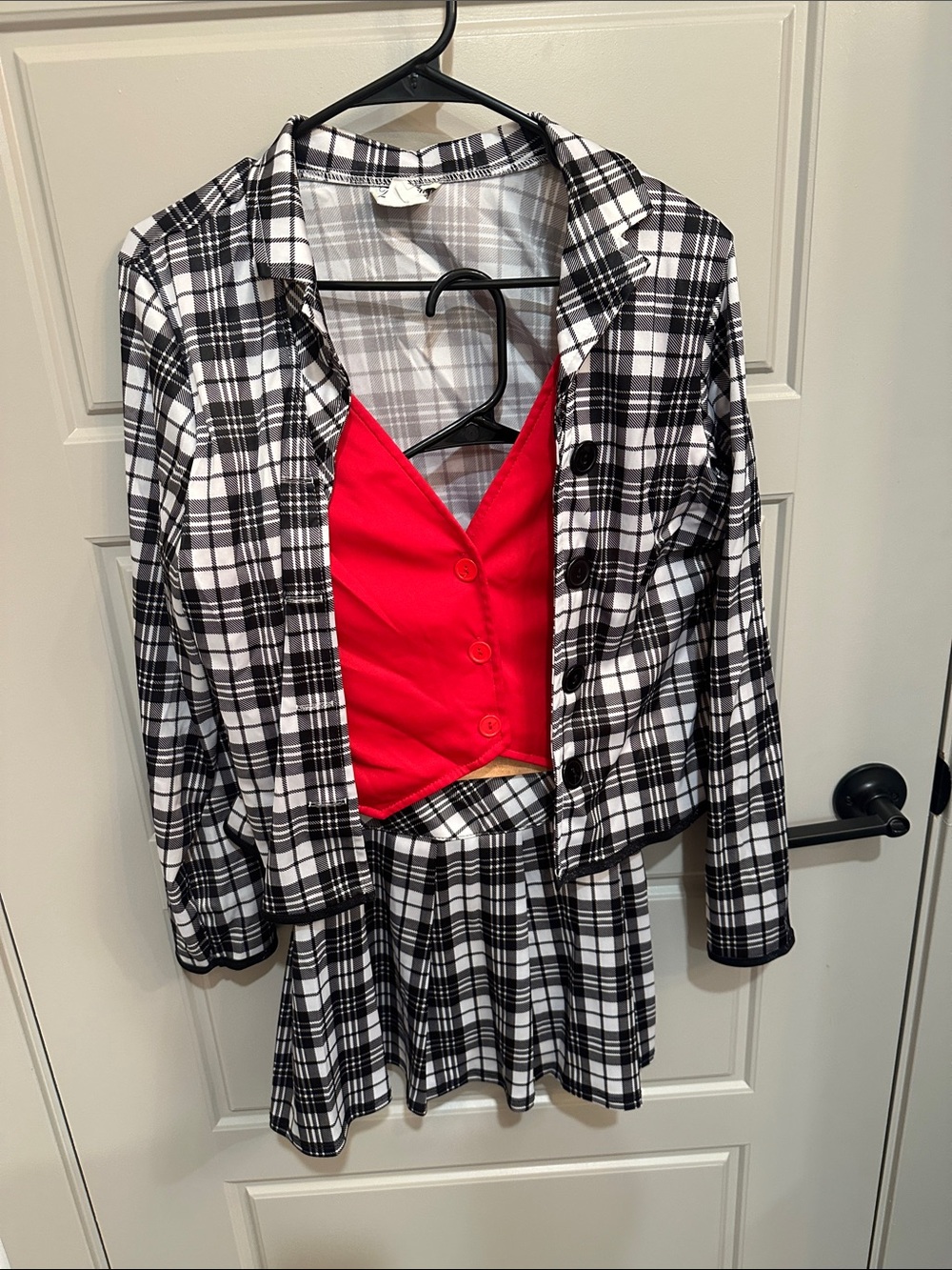 Clueless Dionne Costume - Plaid Jacket & Red Vest Top Set - Black & White Plaid